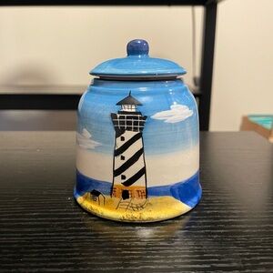Blue And Black Lighthouse Hand Painted Ceramic Small Jar/ Trinket Holder